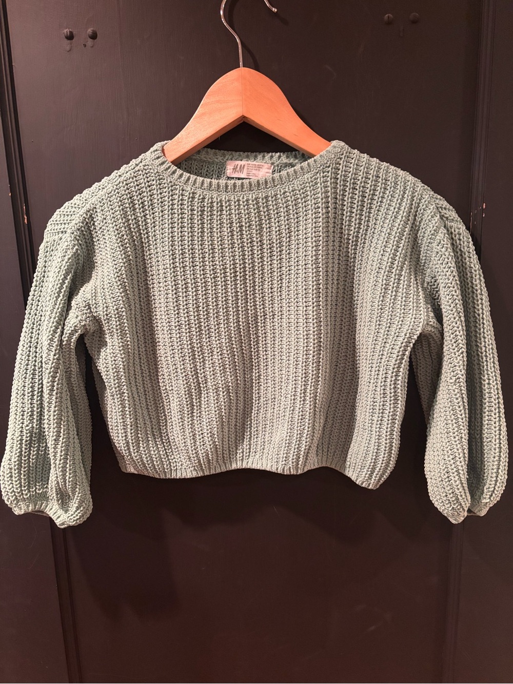 H&M Sage Green Chunky Knit Cropped Sweater Balloon Sleeve Size Small